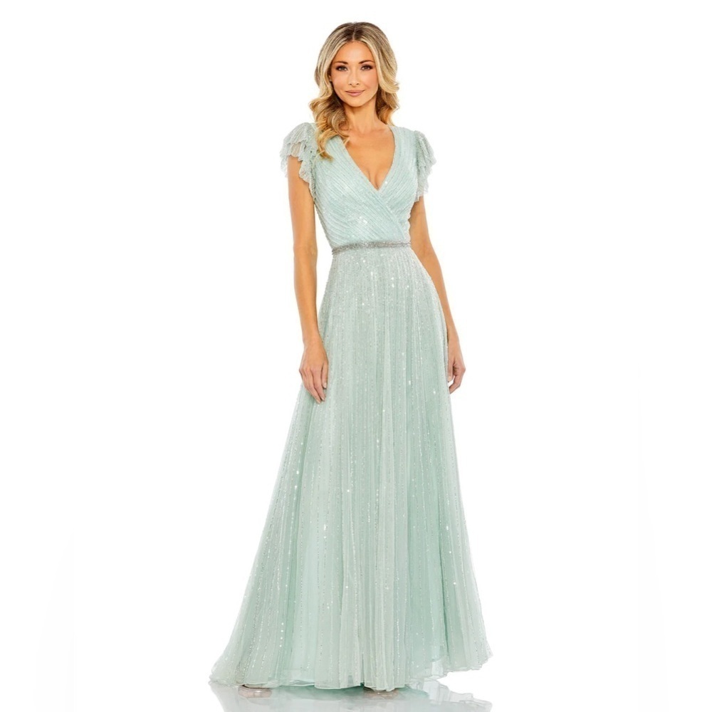 Mac Duggal 5502 NWOT SEQUINED WRAP OVER RUFFLED CAP SLEEVE GOWN